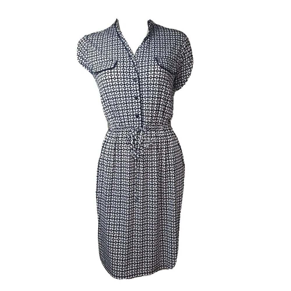 Enfocus Studio Dress Womens‎ Size 4 Blue White Geometric Short Sleeve Drawstring
